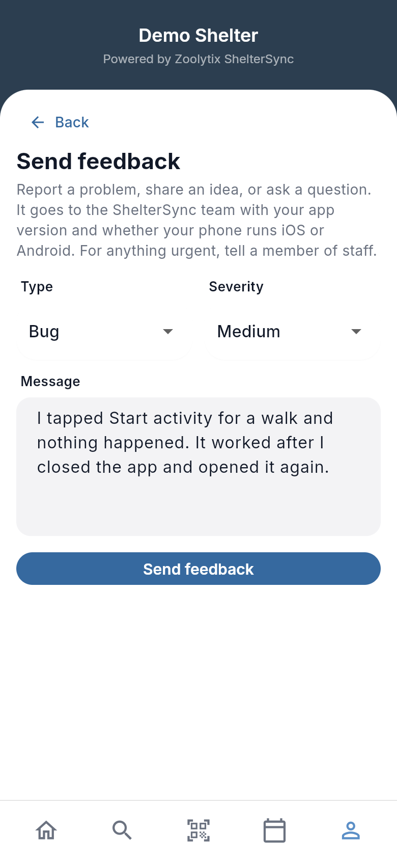 The Send feedback screen in the phone app