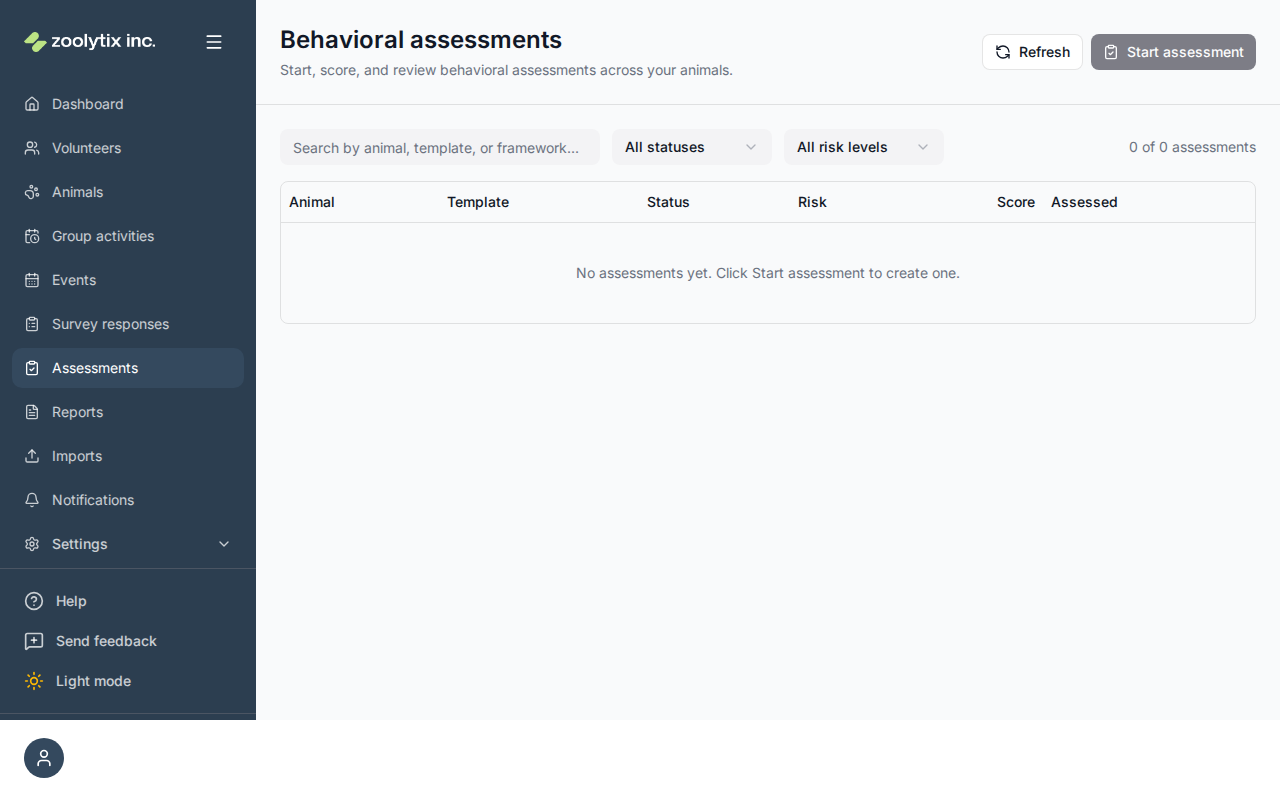 The Behavioral assessments page