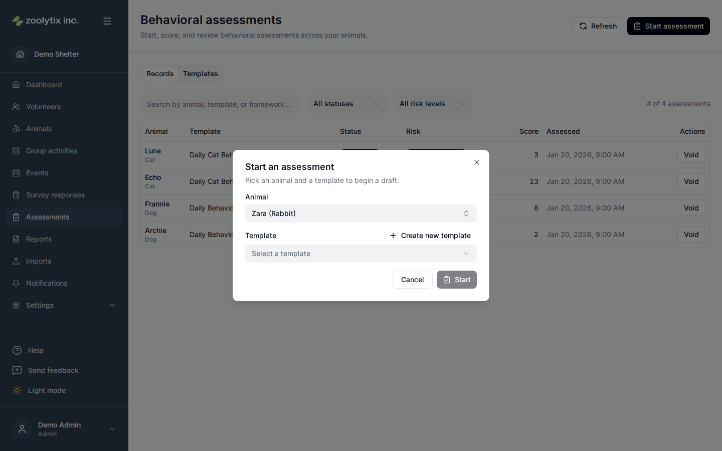 The Start assessment dialog