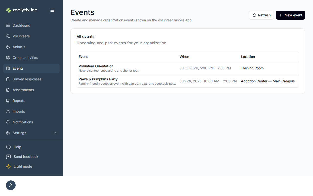 The Events page