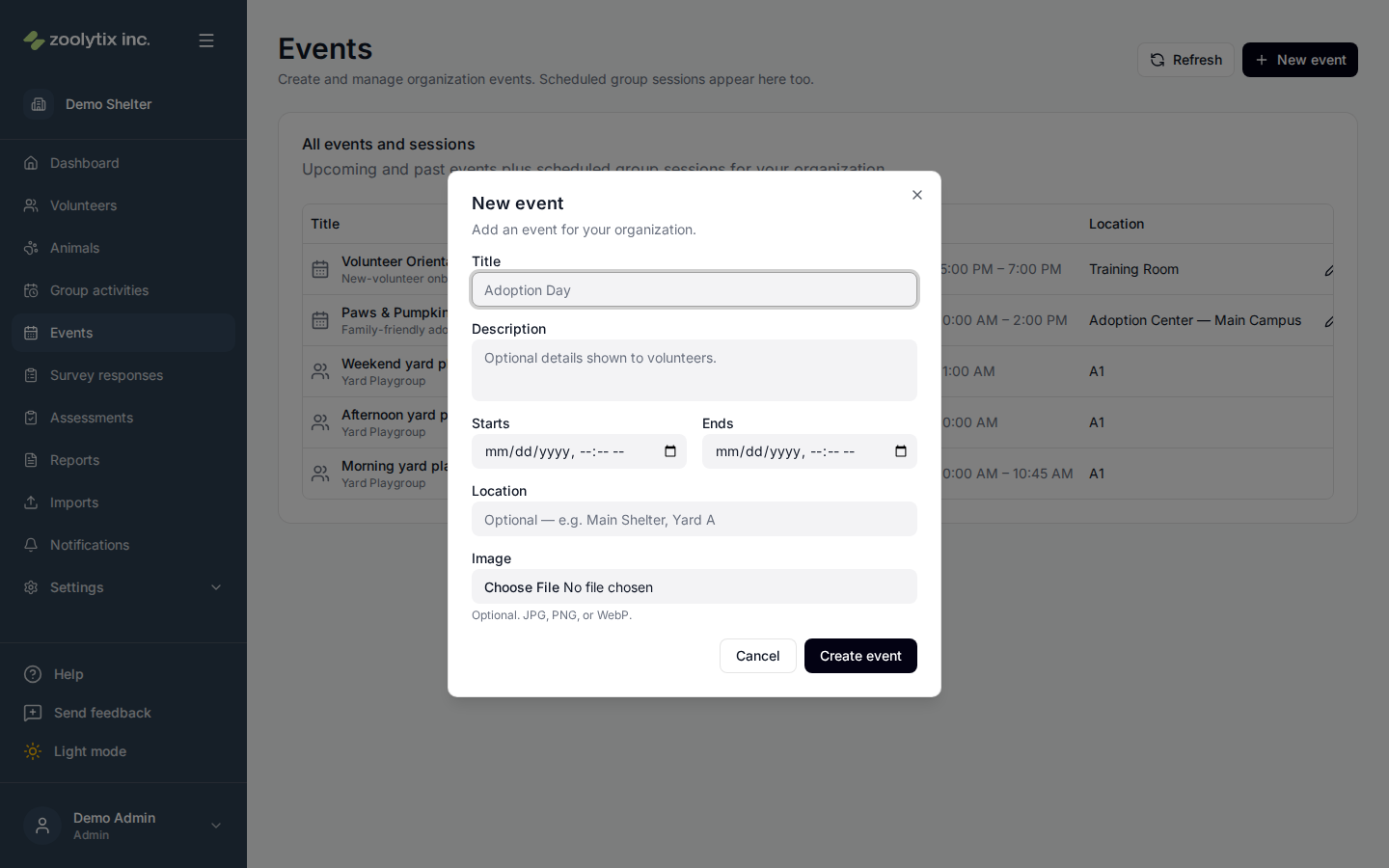 Creating a new event