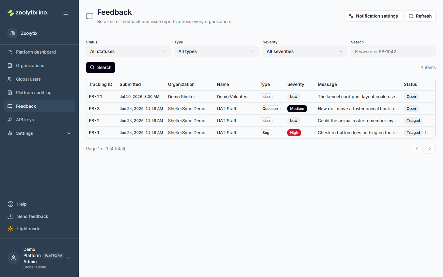 The platform Feedback page